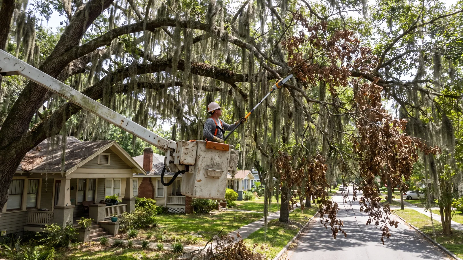 Arborist in a bucket pruning dead wood from an oak canopy over a Lakeland street