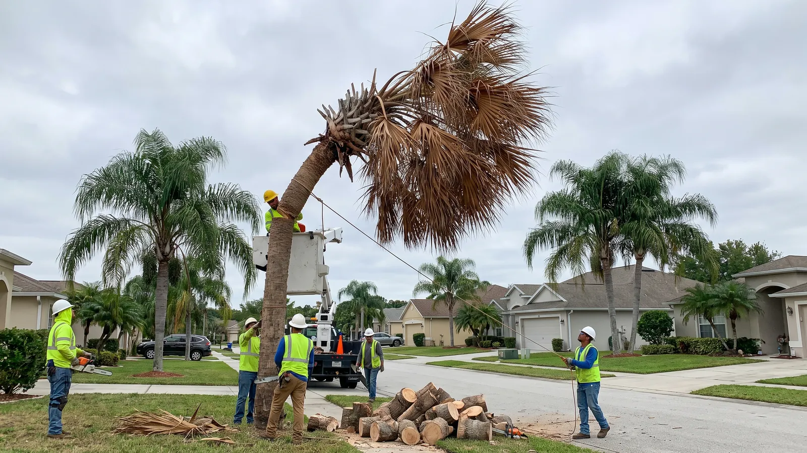 Dead palm with a collapsed, bronzed crown being taken down by a tree crew in central Florida