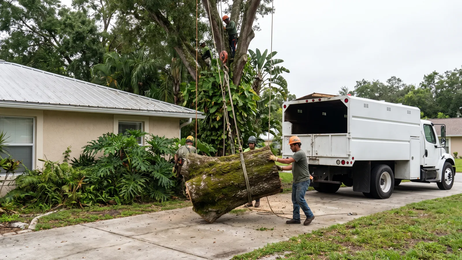 Tree crew lowering a laurel oak trunk section on a rope beside a Lakeland home