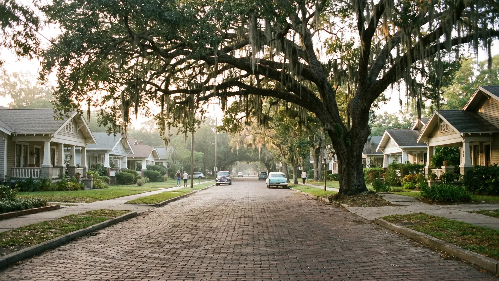 Live oak canopy with Spanish moss arching over a brick street in a historic Lakeland district