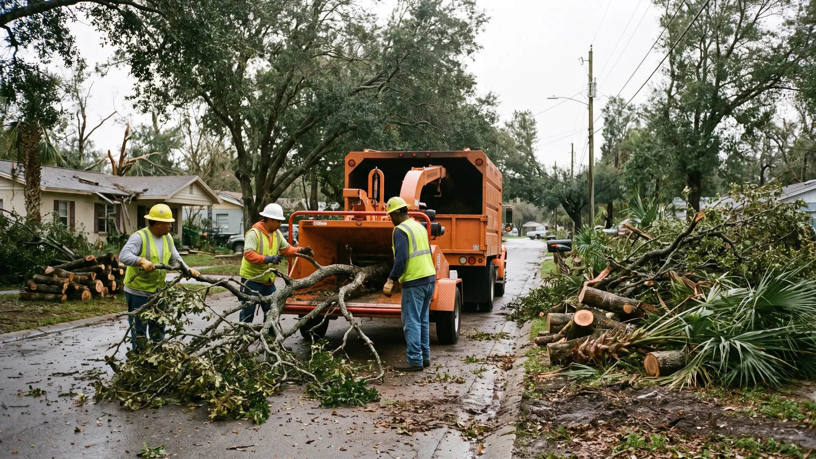 Crew feeding storm-downed branches into a chipper on a Polk County street after a hurricane