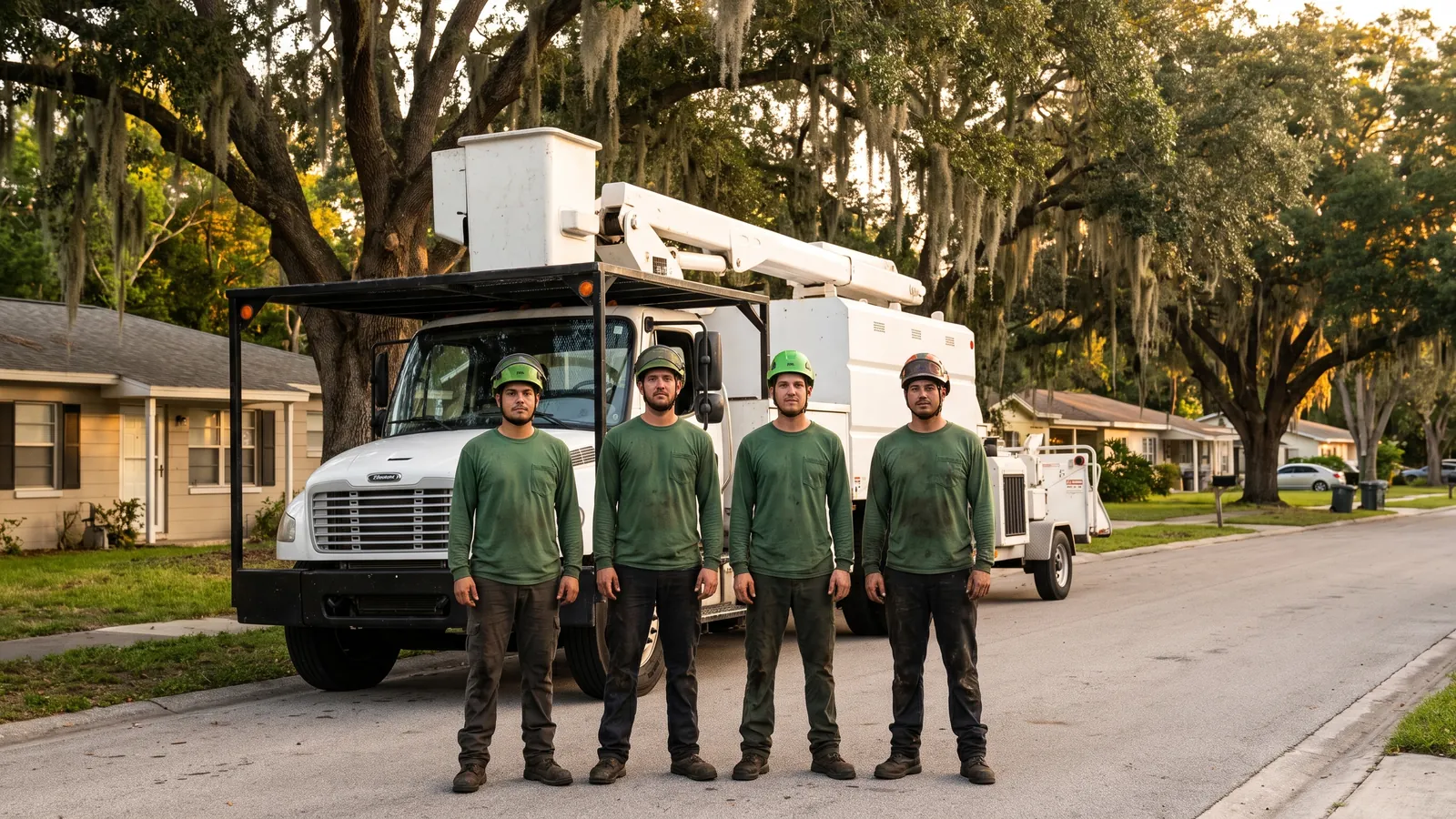 The Lakeland Tree Co. crew with their bucket truck and chipper in a Lakeland neighborhood